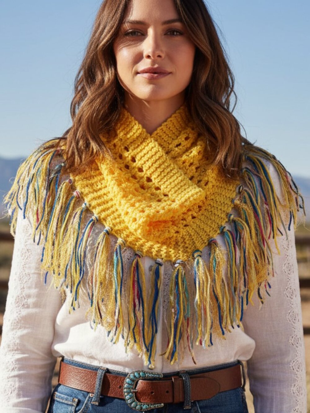 NEW Hand Knitted Bright Yellow Boho Cowl Scarf Fringe Whimsy Boho Coquette Artsy